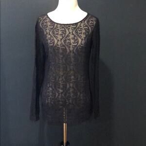 Loft Sheer Top Lace Long Sleeve Navy